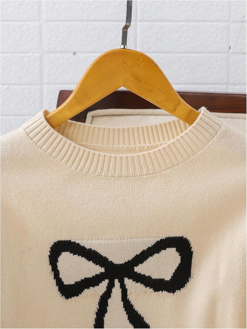 BEAUDRM Store Girl's Bow Sweater Crew Neck Cute Sweaters Long Sleeve Knit Pullovers Sweater - Image 4